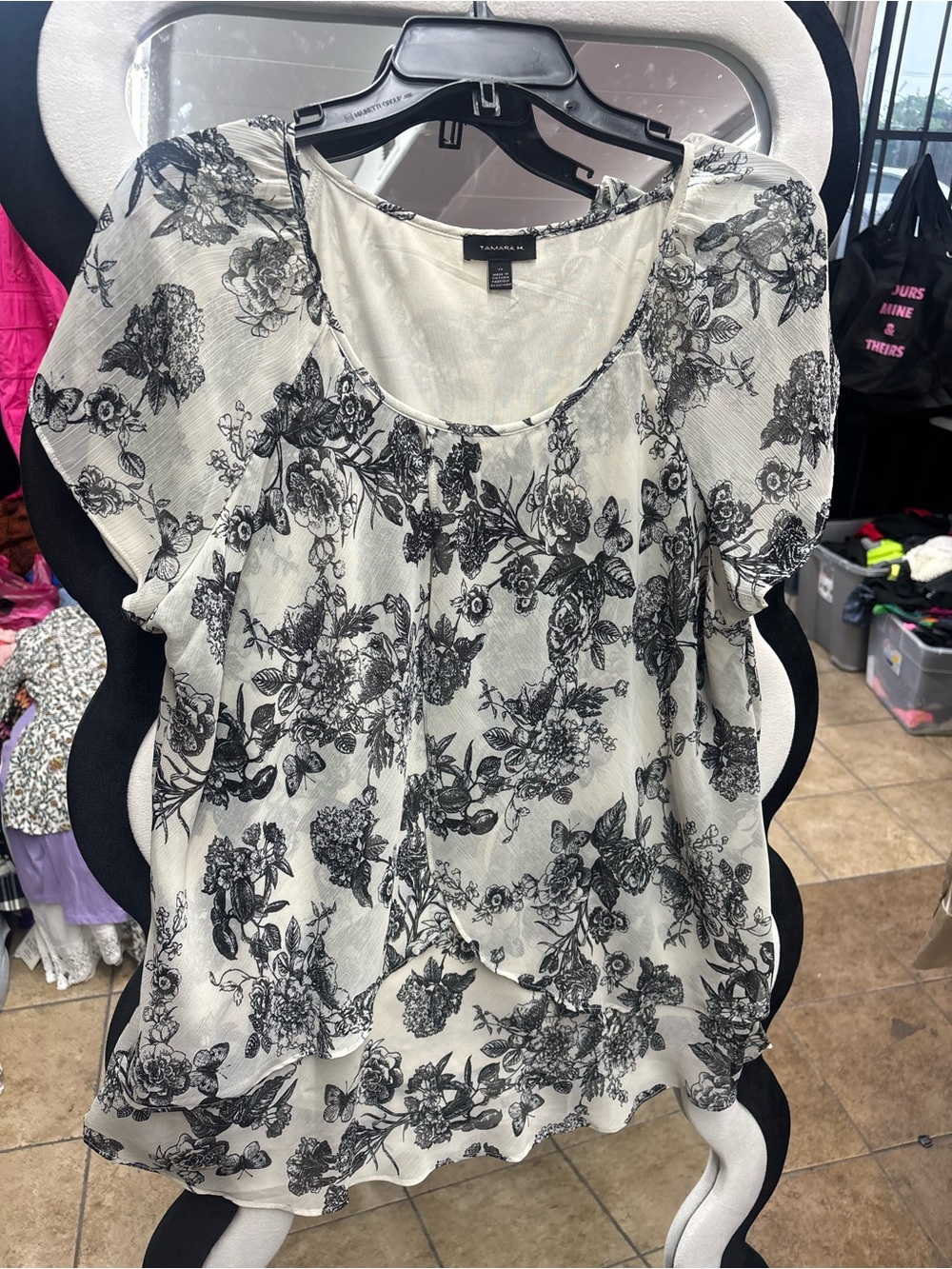 TAMARA H,Cream and Black Floral Scoop-Neck Blouse